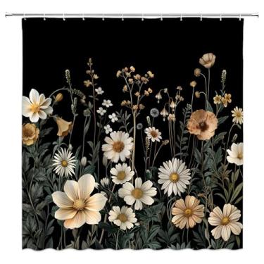 Imagem de FJLLFJ Cortina de chuveiro floral preta, vintage boho flor botânica planta chique poliéster cortina de banheiro com 12 ganchos, decoração de casa de banheira, 177 x 178 cm