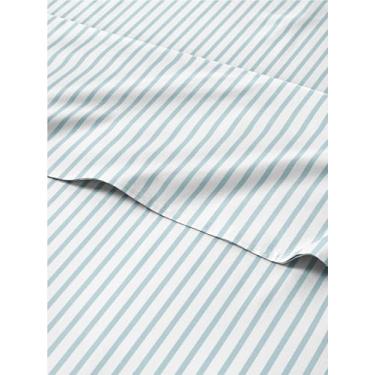 Imagem de Jogo de lençol listrado azul celeste com 3 peças para cama solteiro GG – lençol de cima luxuoso 166 x 102, lençol com elástico 99 x 203 cm e 1 fronha 51 x 76 cm – lençol alto, macio, azul e branco –