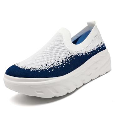 Imagem de VXGGVX Tênis feminino plataforma grossa tênis corrida caminhada malha leve respirável academia conforto trabalho esportes escondido sapatos elevador, Branco, azul, 8 Wide
