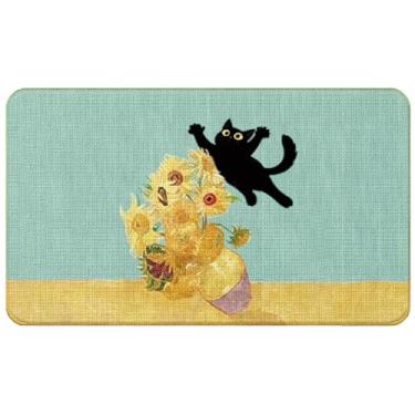 Imagem de WARDOS Tapete de porta de boas-vindas floral de gato preto, capacho engraçado Van Gogh girassol gato preto para porta da frente, entrada interna, girassóis e gatos, tapete de boas-vindas do lado de