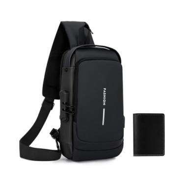 Imagem de Bolsa tiracolo antirroubo com mini carteira - bolsa de ombro transversal de couro PU - Bolsa de peito impermeável USB, Preto, Small, Casual