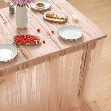 Imagem de Horaldaily Toalha de mesa de gaze rosa pérola rosa 152 × 300 cm, retangular, primavera verão, tule renda, toalha de mesa de chá de panela, para decoração de mesa de aniversário de casamento