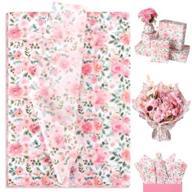 Imagem de SUMMORO 100 folhas de papel de seda floral rosa para sacos de presente, papel de embrulho com estampa floral rosa em aquarela para decoração de aniversário de casamento, dia dos namorados, dia das
