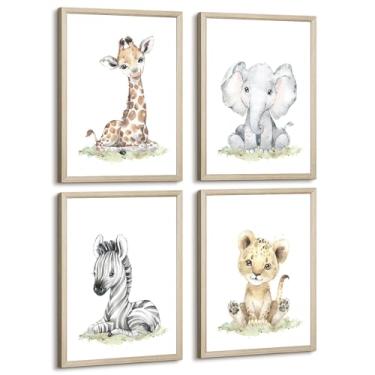 Imagem de Decoração de parede de berçário de safári, arte de parede em tela de animal de bebê, decoração de parede de berçário da floresta, imagens de animais da selva, safári, girafa, elefante, tigre para