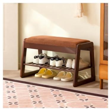 Imagem de SPXMQSS Banco de sapatos com almofada, sapateira de madeira de 2 níveis, armazenamento de armário de sapatos para entrada, armazenamento multifuncional para corredor, sala de estar, quarto, marrom 70