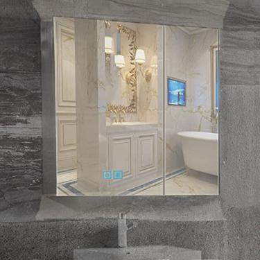 Imagem de Armários de banheiro com luzes, armário de espelho de banheiro SPXMQSS Desembaçamento inteligente com prateleira de vidro removível Armários de banheiro com espelho com função de memória de