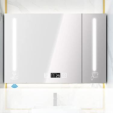 Imagem de SPXMQSS Armário de espelho de LED, armários de parede de banheiro, lembrete de temperatura de tempo de desembaçamento inteligente com prateleiras, armário, armários de banheiro com luzes com espelho