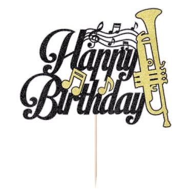 Imagem de YUINYO Trumpet Happy Birthday Cake Topper Black Gold Glitter Musical Music Notes Cake Decoration Band Music Lover Theme Birthday Party Supplies for Musician
