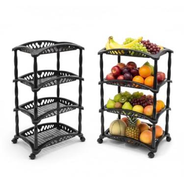 Imagem de Fruteira Multiuso de Chão 4 Andares com Rodinhas – Organizador Empilhável para Cozinha, Área de Serviço e Despensa – Plástico Reforçado Preto