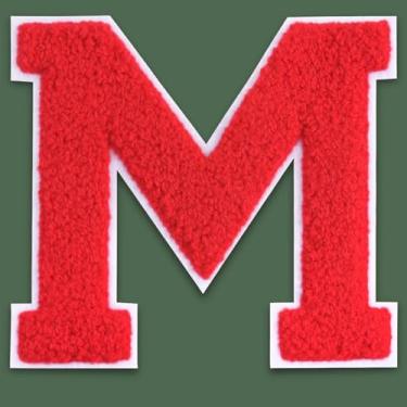Imagem de QianSiLi Remendos de letras universitárias de chenille vermelho de 15 cm, letras grandes para jaquetas Letterman, moletons com capuz, mochilas, coletes, roupas, adesivos individuais da letra M
