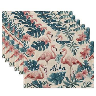 Imagem de Jogo americano de mesa, conjunto de 6 jogos americanos de pano flamingo rosa, tapetes de mesa resistentes ao calor de folha de palmeira tropical de verão para decoração de cozinha e sala de jantar