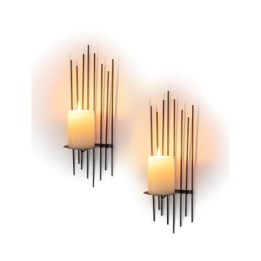 Imagem de Sziqiqi Castiçais de parede pretos: Castiçais de metal montados na parede conjunto de 2 para pilar - Arandelas de vela modernas como decoração de arte de parede para sala de estar banheiro quarto