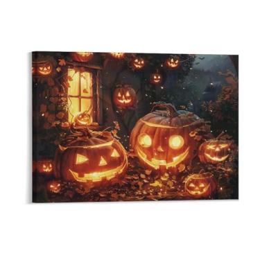 Imagem de HouLaiZhe Pôster de Halloween em tela de abóbora impressões de arte de parede decorações de Halloween decoração de parede estética gótica para sala de estar quarto 18 x 24 polegadas (45 x 60 cm)