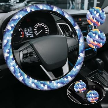 Imagem de Capa de volante Cute Ghost para mulheres e homens, antiderrapante de neoprene de alta elasticidade, acessórios de carro, capas de volante, universal de 38 cm para carros, SUVS, inclui 2 porta-copos de