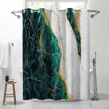 Imagem de Lnond Cortina de chuveiro de mármore verde branco e luxuoso, impermeável, sem gancho, para banheiro, spa, banheira, 71 L x 74 C