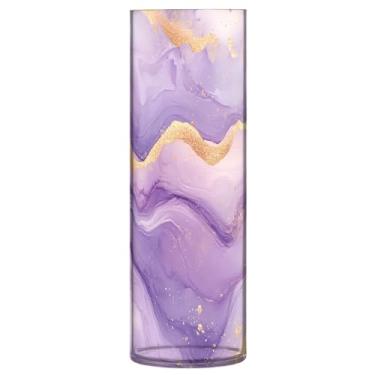 Imagem de CEBUGI Vaso de flores com fundo de mármore lavanda 10 x 30 cm, vaso cilíndrico para flores, vaso transparente inquebrável para decoração de casa de festa de casamento
