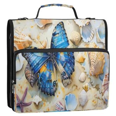 Imagem de CEBUGI Fichário de 3 anéis com zíper com alça de ombro, pasta de arquivo expansível de 3,8 cm, anéis D, para escola, escritório, conchas de borboleta azul