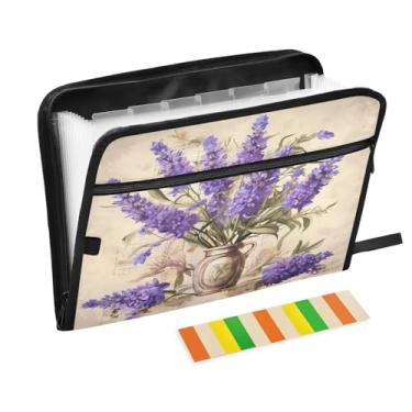 Imagem de Wassud Pasta organizadora de arquivos de papel A4 com ramo de flores de lavanda com etiquetas e pasta de arquivos expansível, 13 bolsos