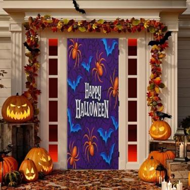 Imagem de Wassud Decoração de capa de porta de morcegos de Halloween faixa interna para área externa decoração de casa de varanda grande decoração de porta da frente 96 x 98 polegadas