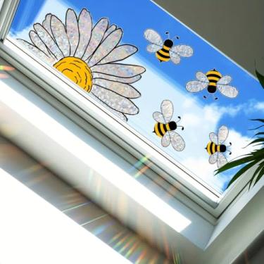 Imagem de Decalque de janela floral e abelha, adesivo colorido de apanhador de sol, filme de PVC reutilizável para decoração de vidro e parede