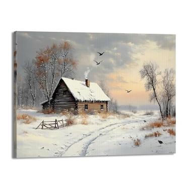 Imagem de Pôster de paisagem de Natal inverno fazenda alce pinhas boneco de neve natureza pintura em tela impressão de parede decoração de sala de estar (SKU9,20.3x30.5 cm = (20x30cm), emoldurado (tela