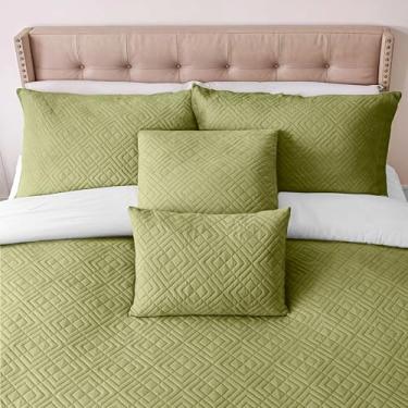 Imagem de Clara Clark Colchas tamanho solteiro – conjunto de colcha para todas as estações, conjunto de cama leve Pinsonic Weave – Conjunto de colcha de solteiro de 5 peças com fronhas, verde-oliva – diamante