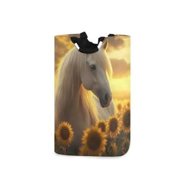 Imagem de xigua Suporte de cavalo no campo de girassol, grande cesto de roupa suja com alça, cesto de roupas dobrável para organização de brinquedos e roupas no quarto, banheiro e lavanderia