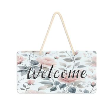 Imagem de Burbuja Placa de boas-vindas rosa rosas para porta da frente, placa de boas-vindas de PVC para decoração de férias de casa de fazenda, 15 x 28 cm