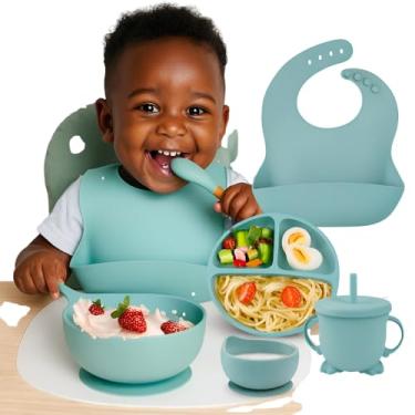 Imagem de Kit Introdução Alimentar Bebê 8 Peças 100% Silicone Antitóxico Premium, Prato + Bowl Babador Copo + + 2 Talheres Ponta Silicone Cabo de Madeira + + Tampa com Canudo + 2 Talheres (Verde)
