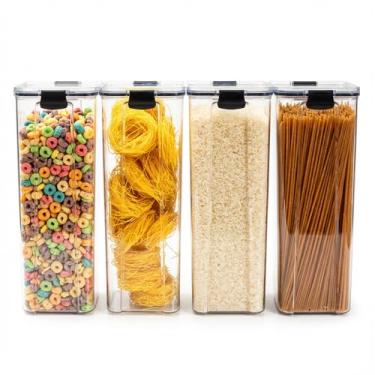 Imagem de Kit 4 Potes Herméticos para Mantimentos 2,2L - Organizador de Cozinha Dispensa e Armário em Plástico Transparente com Tampa Preta
