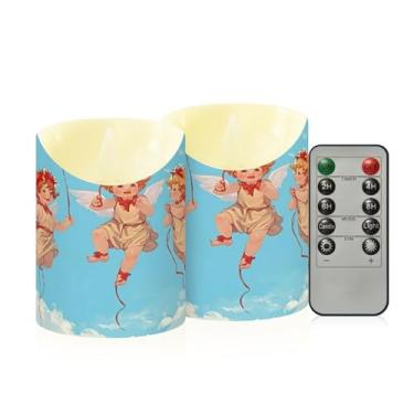 Imagem de Wassud Pacote com 2 velas fofas anjo sem chama com controle remoto, velas realistas cintilantes com temporizador, velas decorativas para Natal, casamento, festa, decoração de casa pequena
