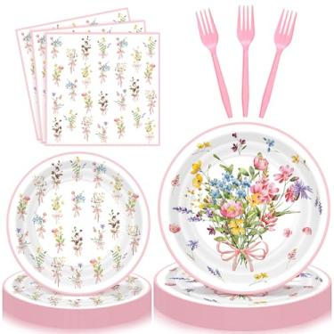 Imagem de Havawish 96 peças de pratos e guardanapos de papel de flores silvestres primavera chá de bebê decoração de festa suprimentos rosa flores de aniversário casamento conjunto de utensílios de mesa flores