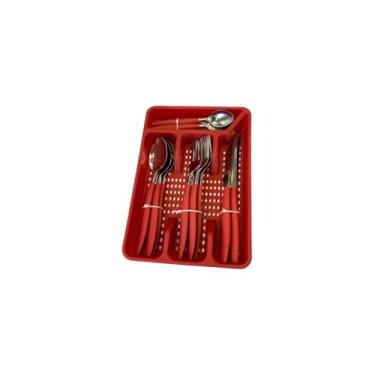 Imagem de Conjunto de Talheres 17 Peças, Faqueiro com Porta Talher, Aço Inoxidável e Plástico, Vermelho, 4 Colheres Mesa, 4 Garfos, 4 Facas, 4 Colheres Sobremesa
