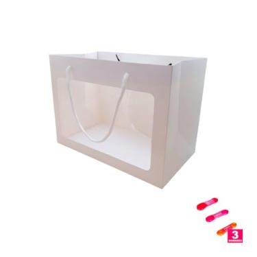 Imagem de Kit Sacola Branca com Visor 24cm x 12cm x 31cm e Fita Cetim 22mm x 10m