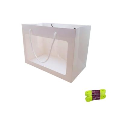 Imagem de Kit Sacola Branca com Visor 24x12x31cm e Fita Cetim Impressa 003 15mm x 10m