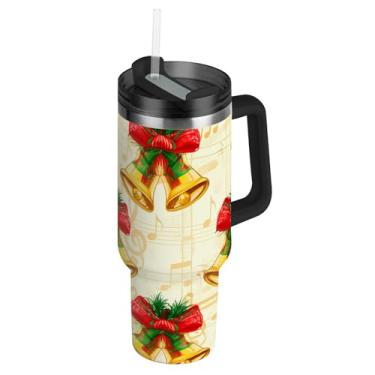 Imagem de Joisal Copos com tampas e canudos Sinos de Natal Laços Bege Copo com alça 850 g Cores Garrafa de Água Isolada Aço Inoxidável Carros Caneca de Café Bebida Quente