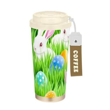 Imagem de Caneca de viagem de café 40 ml com canudo e tampa, caneca de café de aço inoxidável à prova de vazamento para escritório, escola, festa, acampamento, coelhos, grama verde, ovos de Páscoa