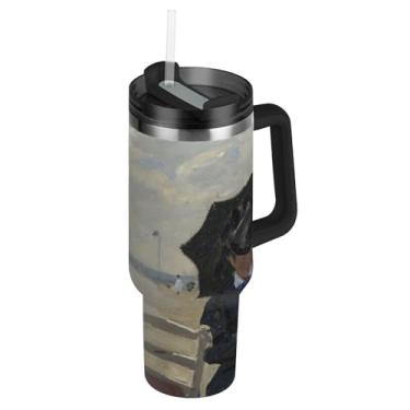Imagem de Copos de aço inoxidável com tampas e canudos Claude Monet pintura de praia feminina caneca de café quente para carro moderno copo de 850 g com alça garrafa de água isolada