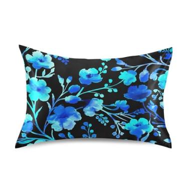 Imagem de Fronhas refrescantes florais personalizadas king queen padrão fronhas cetim quarto estética travesseiro slip queen tamanho 76.2 cm x 50.8 cm aquarela flores azuis folhas pretas