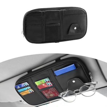 Imagem de Tioollev Organizador de viseira de sol para carro, suporte para óculos de sol e bolso de armazenamento, bolsa para cartão com zíper de rede de vários bolsos, bolsa para chave de caneta de licença