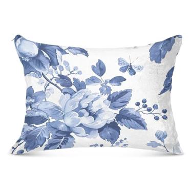 Imagem de Fronhas de flanela floral azul e branca com zíper padrão Queen King Size fronhas fofas para cabelo e pele, tamanho king, 50,8 cm x 101,6 cm