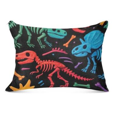 Imagem de Fronhas de flanela preta com esqueletos de dinossauros coloridos com zíper padrão queen king size fronha de travesseiro fofo fronhas de cama básicas, tamanho king, 50,8 cm x 101,6 cm