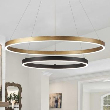 Imagem de CaraLuxe Lustre de LED com 2 anéis de ouro preto para sala de jantar 61 cm Lustres circulares reguláveis lustres redondos leves para quarto, cozinha, entrada, sala de estar