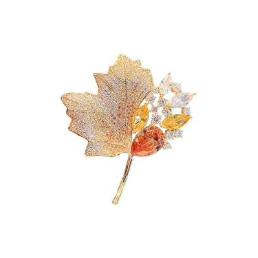 Imagem de Broche de folha de bordo, broche de cristal de strass para festa, formatura, casamento, ação de graças, presente de joias de outono, 5CM, Zinco, Sem Pedra Preciosa