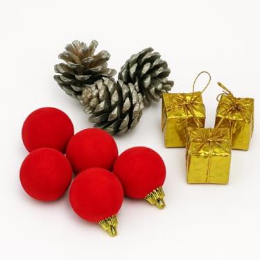 Imagem de Kit 12 Pendentes de 3cm Enfeites para Árvore de Natal Decoração Natalina com Pinhas Bolas Vermelhas e Presentes Dourados