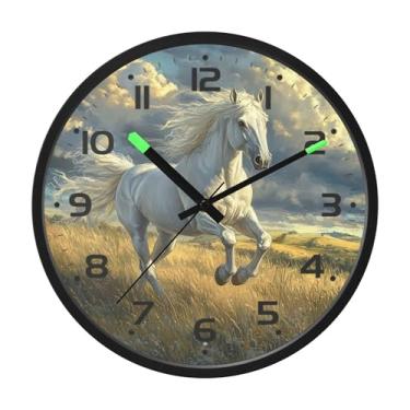 Imagem de SEHANY Relógio de parede artístico majestoso cavalos silencioso, sem tique-taque, relógio redondo operado por bateria, controle de som, luz noturna, relógios de parede para sala de estar, cozinha