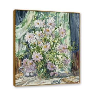 Imagem de NHLDZYH Moldura de madeira de teca. Flores clássicas natureza morta pintura em tela retro buquê de flores pinturas estilo country decoração de parede para cozinha e sala de estar. B10. 70 x 84 cm