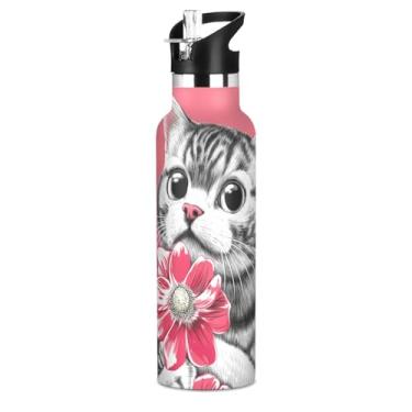 Imagem de Linda garrafa de água rosa de flores de gato com tampa de palha, garrafas de água isoladas de aço inoxidável para meninas e crianças, 590 ml, copos infantis à prova de vazamento sem BPA