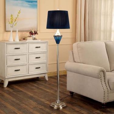 Imagem de Luminária de chão decorativa clássica com cúpula de tecido azul, luminária de pé vertical em metal polido, luminária de leitura interna alta, luminária de chão para canto de sofá, luminária