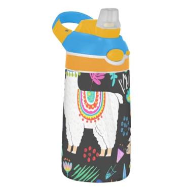 Imagem de Garrafa de água infantil de 473 ml com tampa de palha, garrafa de água esportiva Tritan reutilizável de 473 ml, copo infantil portátil à prova de vazamento, alça de transporte, lindo desenho animado